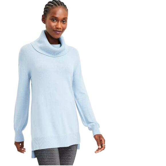 Loft Tunic Sweater Petite Dusty Blue Cowl Hi Low Hem Soft Tunic Sweater XSP NEW - Picture 1 of 11